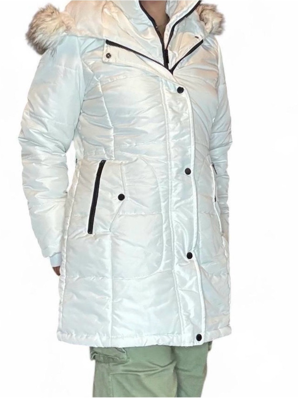 White Quilted Hooded Puffer Coat with Faux Fur Trim